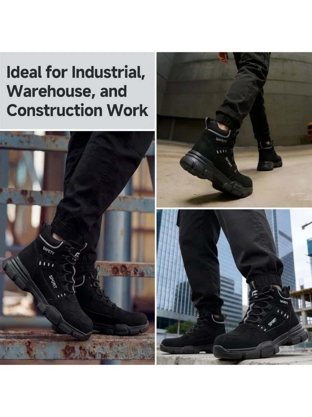 Men's Black Splashproof Shoes Casual High Top Steel Toe Non Slip Hiking Boots